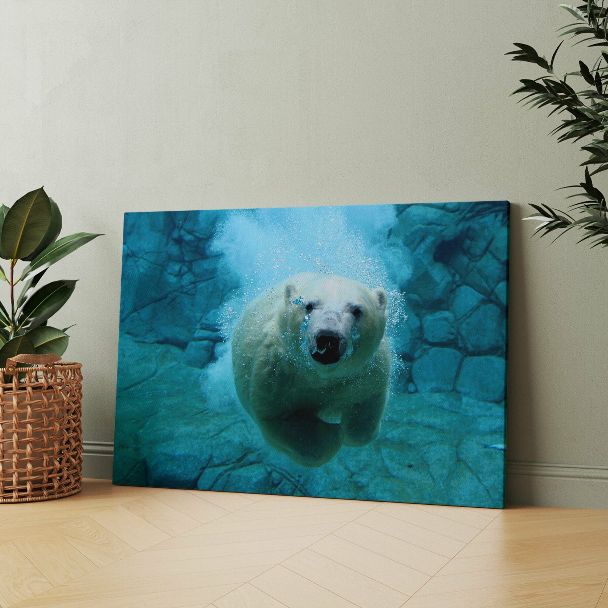 Картина на холсте (медведь белый под водой морда в огромный) 20x30 см/для интерьера/в комнату/на стену/в подарок