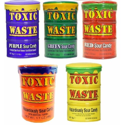 TOXIC Waste Кислые леденцы, Микс: красная, желтая, фиолетовая, зеленая, оранжевая банки, 5 шт по 42 г
