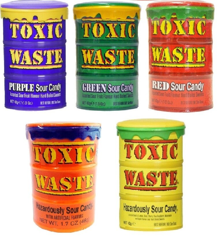 TOXIC Waste Кислые леденцы, Микс: красная, желтая, фиолетовая, зеленая, оранжевая банки, 5 шт по 42 г