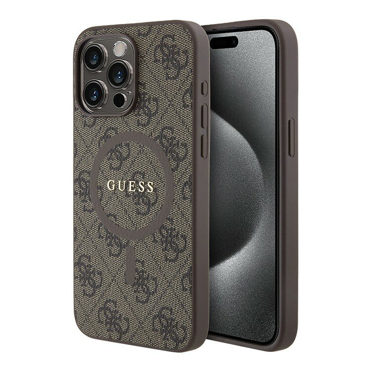 Guess для iPhone 15 Pro Max чехол PU 4G Colored ring Metal logo Hard Brown (MagSafe)