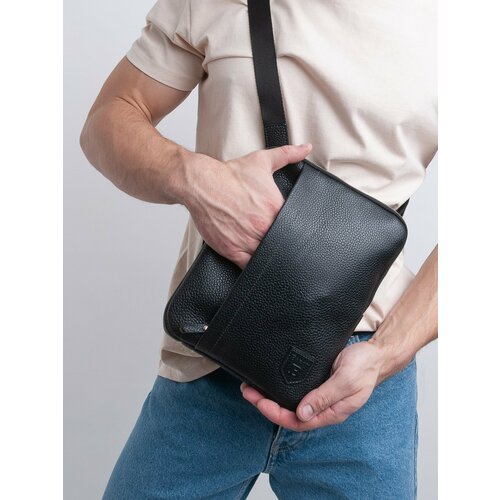 Сумка планшет Baron Модная кожаная сумка 129593, фактура гладкая, зернистая, черный