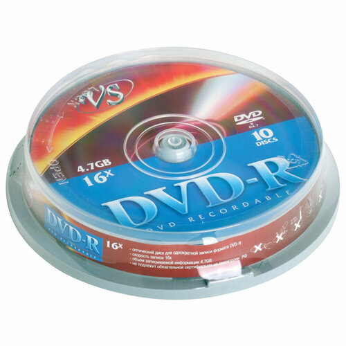 Диски DVD-R VS 4,7 Gb Cake Box (упаковка на шпиле), комплект 10 шт, VSDVDRCB1001 упаковка 4 шт. диски dvd r vs 4 7 gb комплект 10 шт cake box vsdvdrcb1001