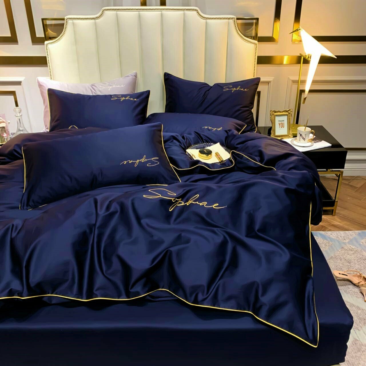 Комплект постельного белья 2-х спальный, Сатин-Жатка, 2 наволочки 70х70, пододеяльник на молнии 180х220, простыня 200х220 темно-синий