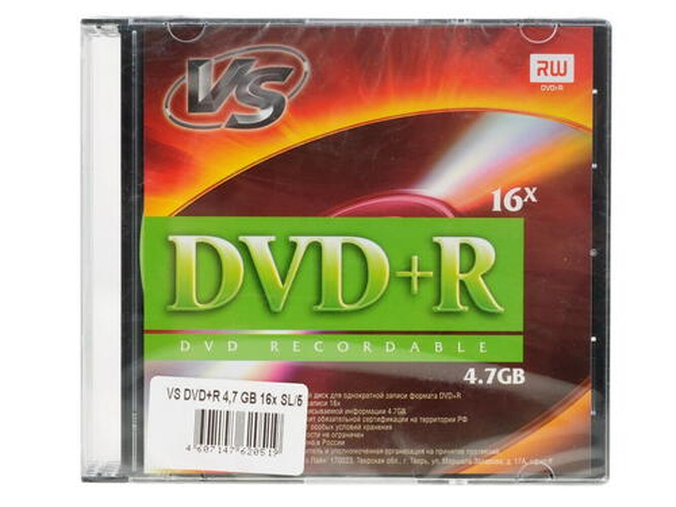 DVD-диск VS DVD+R, 4.7 ГБ, Slim Case, 16x, 1 шт