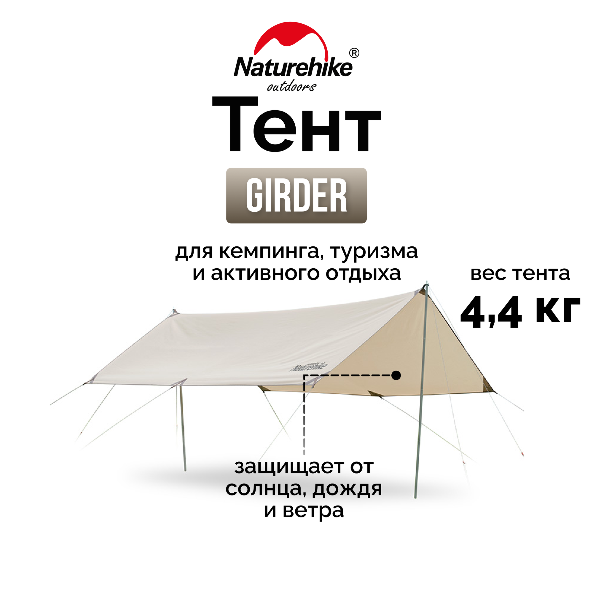Тент Naturehike Girder NH20TM006, 150D, 400*292 см для кемпинга, песочный (с двумя стойками), 6927595749647