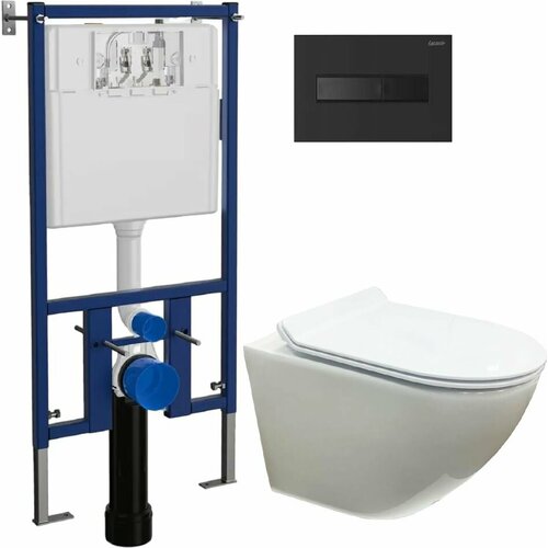 Инсталляция с подвесным унитазом Loranto + Azuma PRO безободковый, с сиденьем микролифт + кнопка Line черная матовая