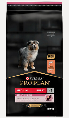 Изображение товара Сухой корм Pro Plan для щенков средних пород с чувствительной кожей лосось и рис opti derma sensitive skin medium puppy 12кг