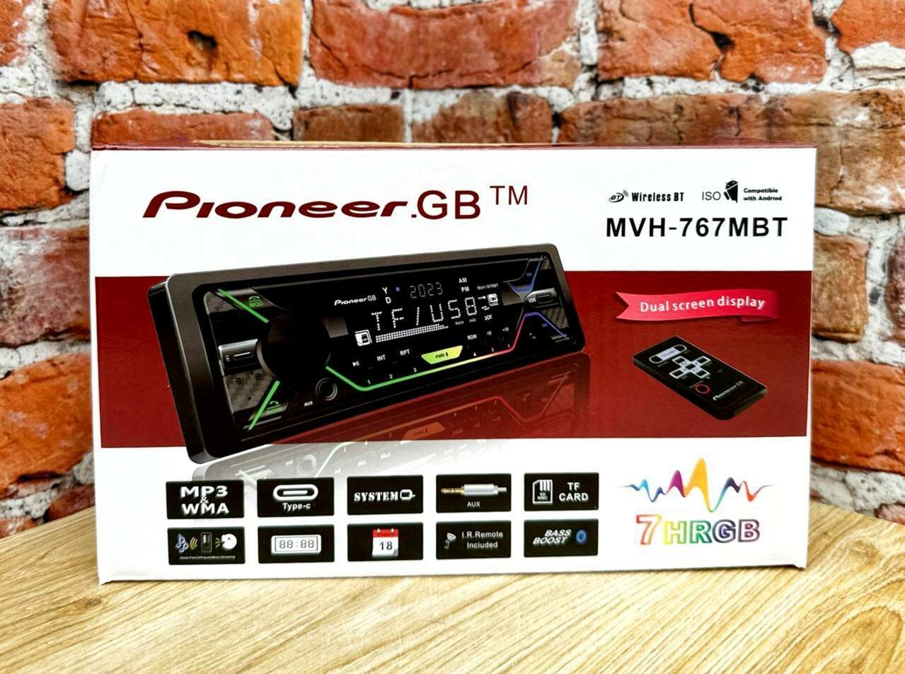 Автомагнитола в авто Pioneer.GB 1 DIN / Автомобильная магнитола с Bluetooth в машину / Магнитофон Пионер с USB, AUX для автомобиля с подсветкой + пульт ДУ