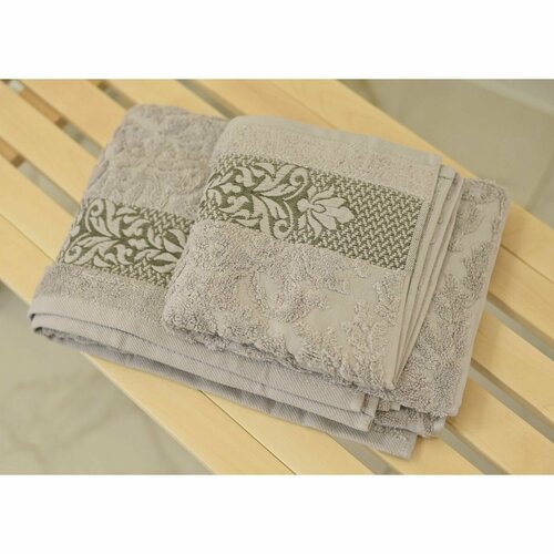 Union Home Набор банных полотенец, 50х90см, 70х140 см, Хлопок, Светло-серый, Цветочный узор, Халима (DJ7)