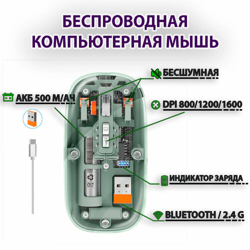 Прозрачная беспроводная компьютерная мышь с аккумулятором 500мАч бесшумная 910₽
