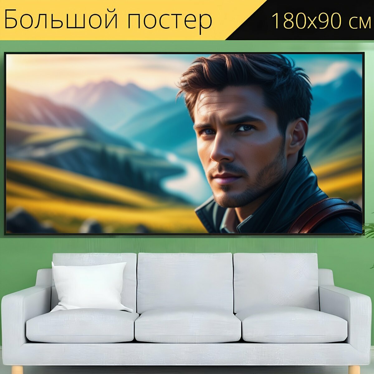 Большой постер "Пейзаж с человеческим лицом смешной, " 180 x 90 см. для интерьера на стену