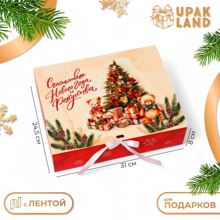 Коробка подарочная новогодняя складная упаковка «Ёлка и медведь» 31 × 245 × 8 см .
