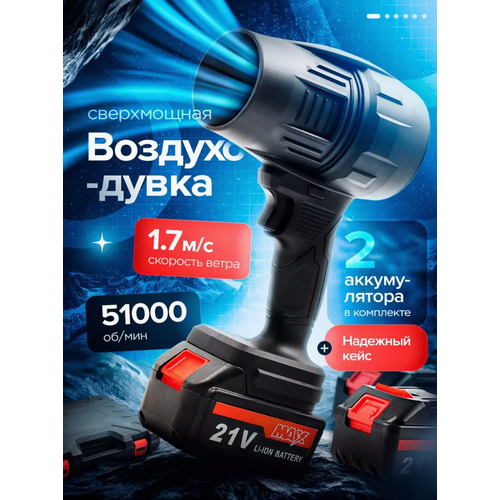 Мощная воздуходувка - портативный турбовентилятор, Воздуходувка аккумуляторная, 2 АКБ, кейс черный