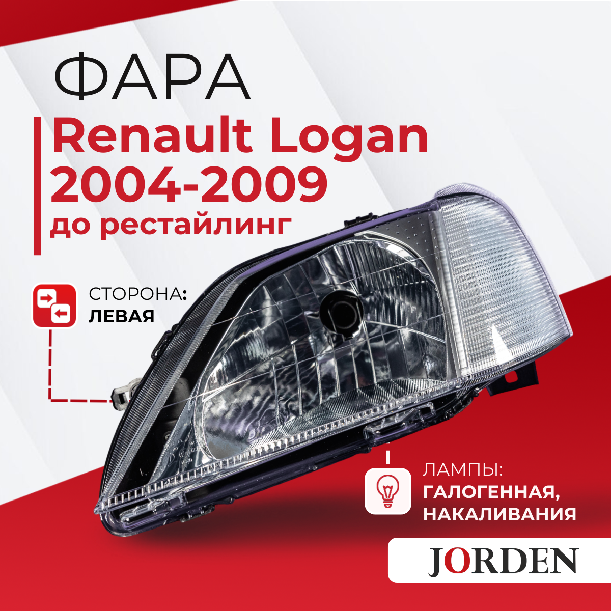 Фара Renault Logan Рено Логан I поколения до рестайлинг, года 2004-2009, галогенная передняя левая 1 шт. ближний и дальний свет