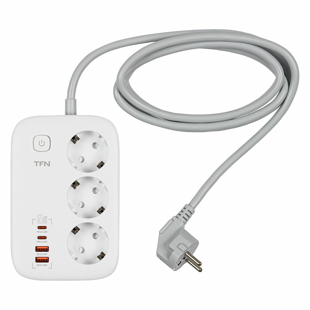 Сетевой фильтр TFN POWER1 TFN-POWER1WH, с USB, 3 розетки, заземление — фото 1
