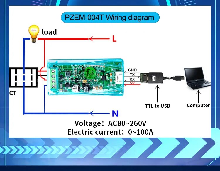 Изображение Peacefair PZEM 004T Однофазный Ваттметр 220В, 63A coil CT