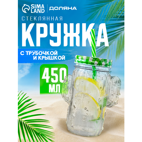 Кружка с трубочкой и крышкой для чая банка для напитков стеклянная переносная Доляна Кактус 450 мл 370₽
