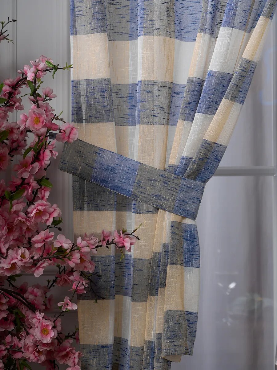 Тюль короткий для кухни SANPA HOME, под лен, 145х180 комплект 2шт, шторная лента — фото 1