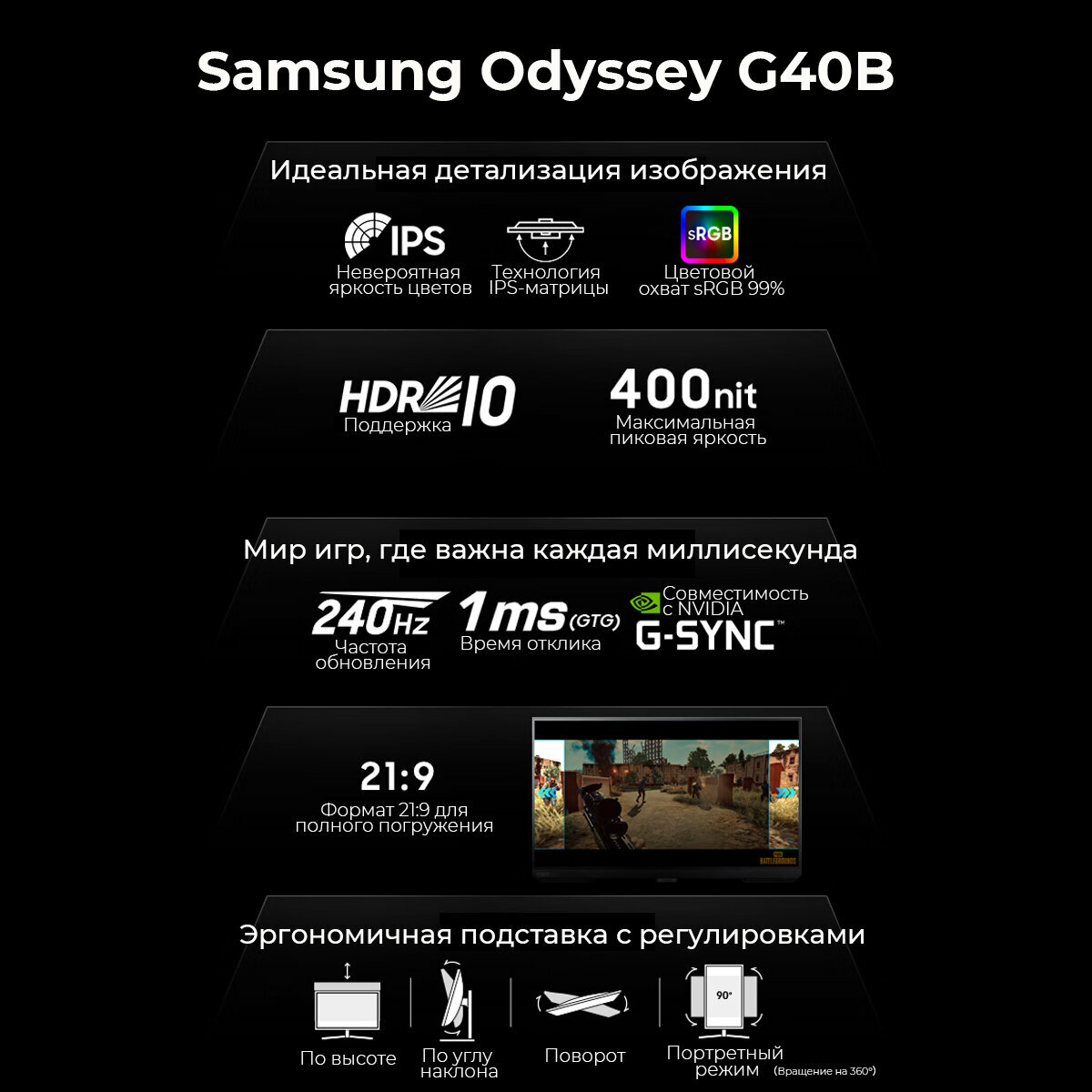 Игровой монитор Samsung Odyssey G4 G40B S27BG400EI, 27", 240HZ,1ms, 400cd, G-Sync, HAS PIVOT, черный — фото 1
