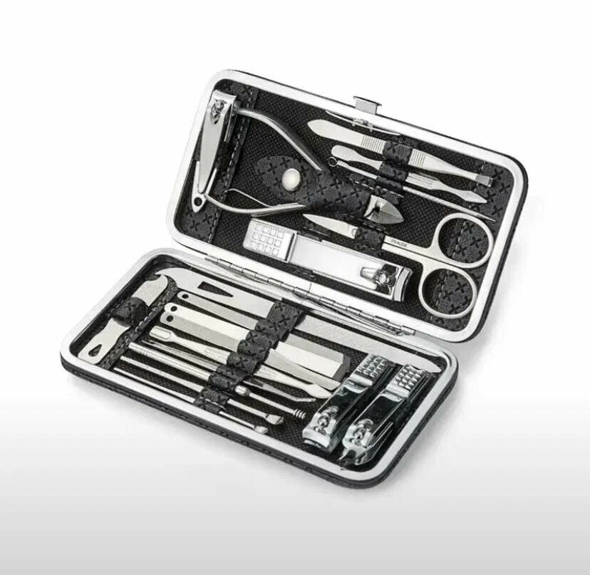 Набор маникюрных инструментов 19 штук в кожаном футляре черный