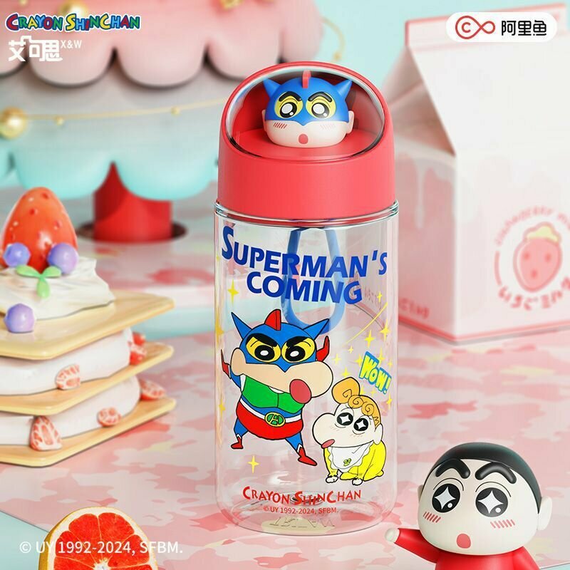 Стакан для воды Crayon Shin-chan "Superman's coming" с забавной крышкой, прозрачный, 450 мл, для детей и девочек
