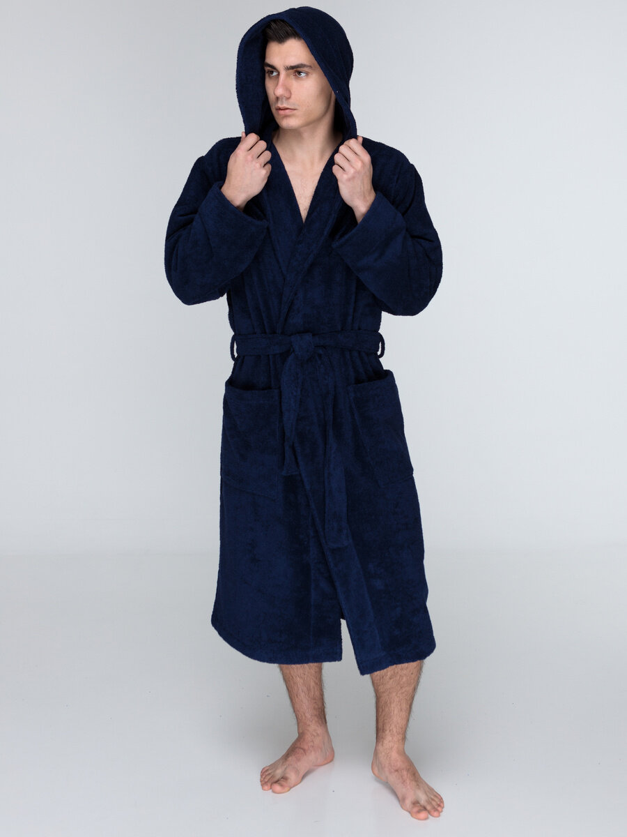 Мужской темно синий махровый халат с капюшоном 54 - фотография № 3