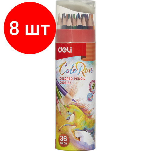 Комплект 8 наб, Карандаши цветные Deli EC00337 ColoRun 3-гран. 36цв/наб. точилка карт. тубус