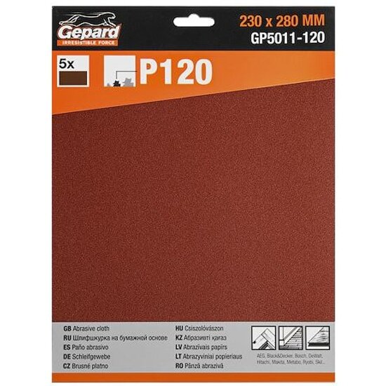 Gepard Шлифлист 230х280мм Р120 бум. осн. 5шт. (GP5011-120) (бумага наждачная абразивная лист шлифовальный абразивный шлифшкурка)