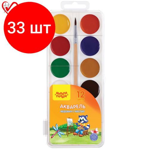 Комплект 33 шт, Акварель Мульти-Пульти Приключения Енота, медовая, 12 цветов, с кистью, пластик акварель мульти пульти приключения енота 12 цветов медовая с кистью