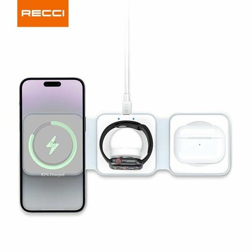 Беспроводное зарядное устройство Recci RCW-36 15W 3 в 1 Foldable - White домашняя подставка для телефона с беспроводной зарядкой recci rcw 20 15w беспроводное зарядное устройство 3в1