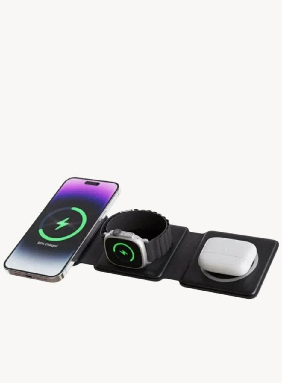 Беспроводная станция 3в1 ZOOM Z10 MagSafe 15W для iPhone+iWatch+AirPods / Быстрая зарядка Qi / черная