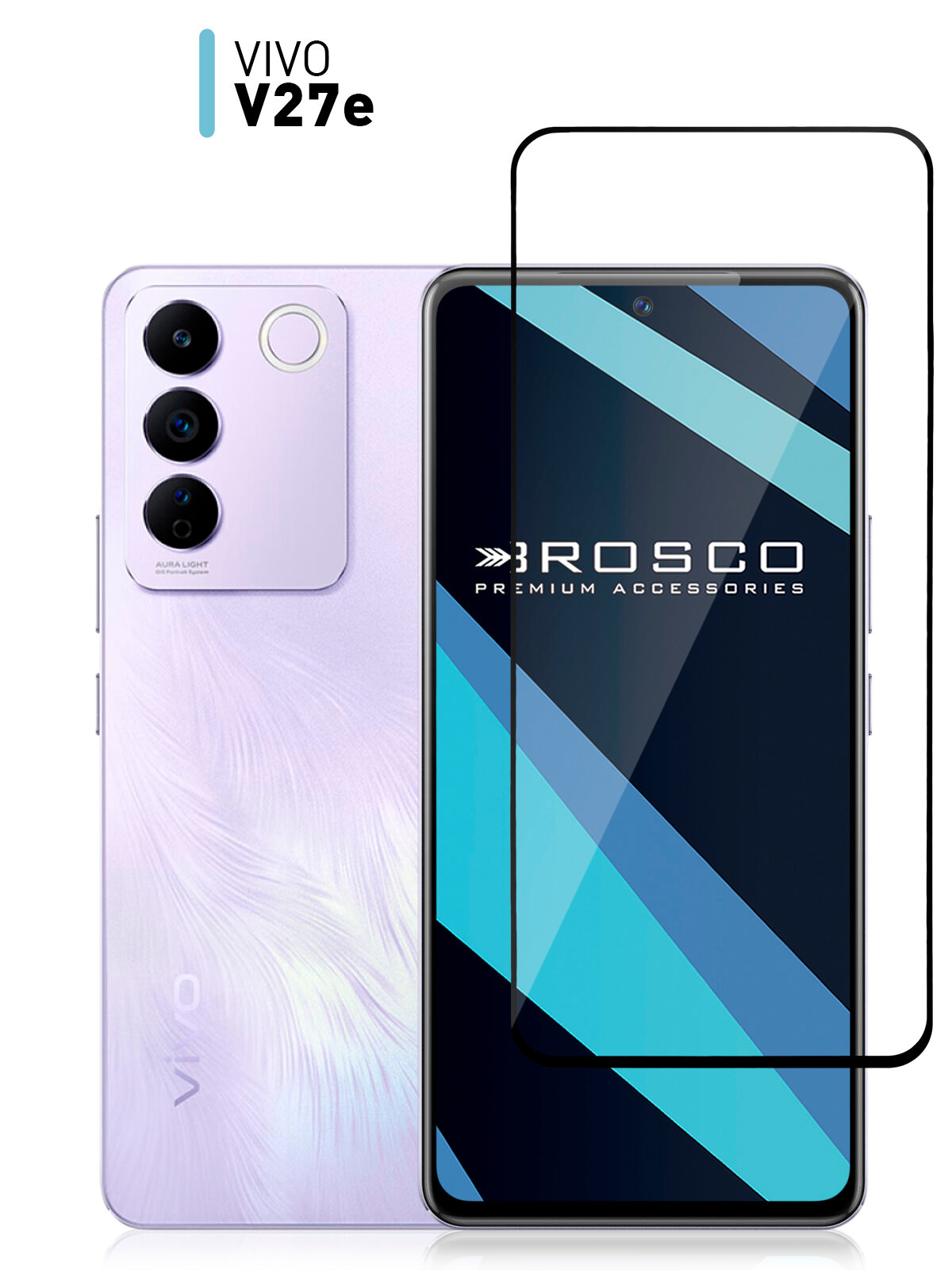 Защитное стекло ROSCO для Vivo V27e (Виво В27E) противоударное стекло, олеофобное покрытие, Fullscreen, прозрачное стекло, с черной рамкой