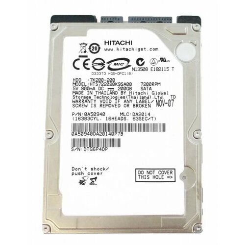 Жесткий Диск Hitachi HTS722020K9SA00 200Gb SATA 25 HDD 4280₽