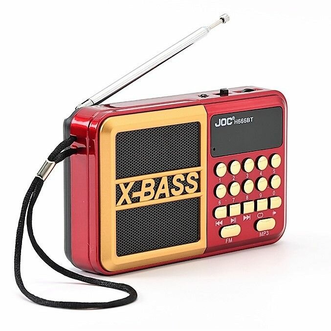 Радиоприёмник портативный Joc H666BT красный (FM MP3 Bluetooth) с фонариком. Может работать от 2-х разных аккумулятров.