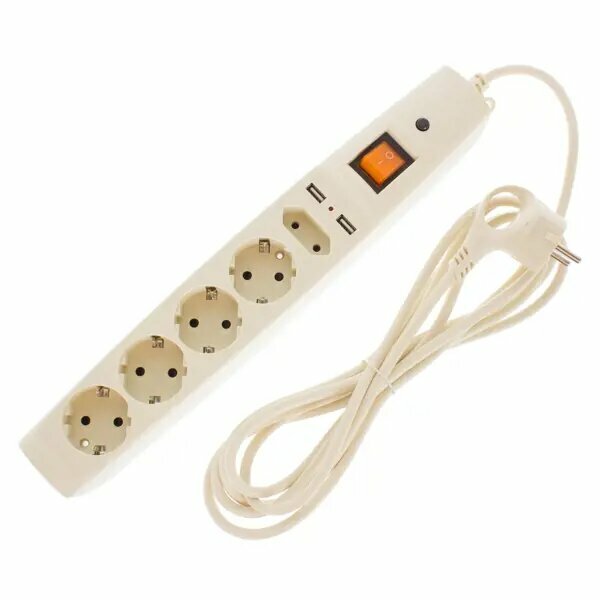 Сетевой фильтр Эра SFU 5 розеток с заземлением 3x0.75 мм 2 USB 2200 Вт 3 м цвет бежевый