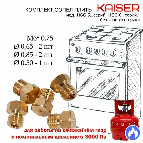 Комплект жиклеров, форсунок газовой плиты Kaiser под балонный, сжиженный газ набор жиклеров для сжиженного газа гефест до 2009 года выпуска