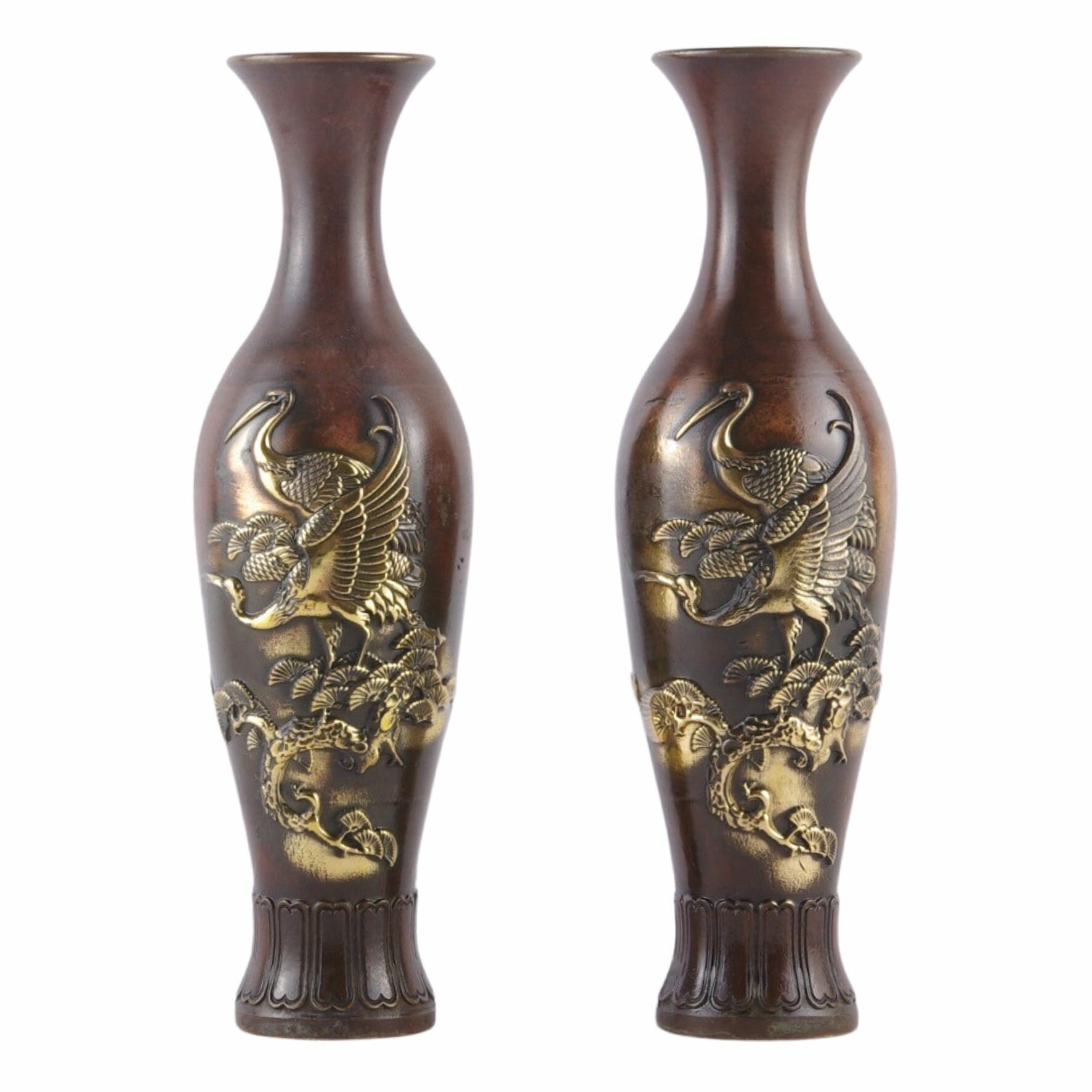 фото Парные вазы в традиционном китайском стиле "Золотые цапли". Медь, золочение. Высота 20 см. Китай, вторая половина XX века