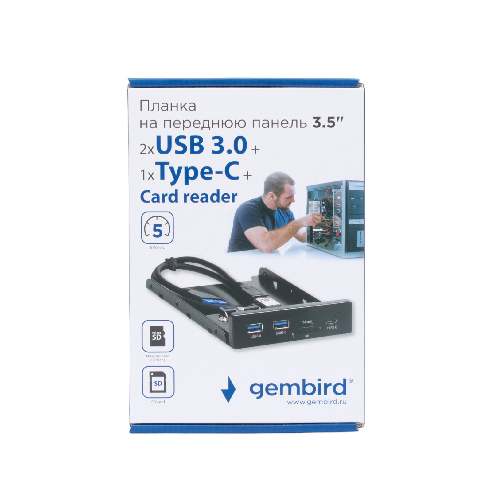 Планка USB 3.0 на переднюю панель 3.5" Gembird, 2 порта USB и порт Type-C, SD+TF, коробка