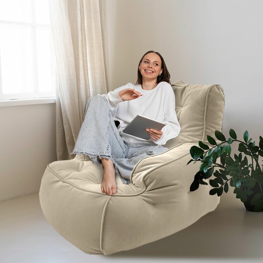 Современное кресло для отдыха aLounge - Tranquility Armchair - Eco Weave (велюр, бежевый) - бескаркасная мягкая мебель в гостиную, спальню, зону ожидания
