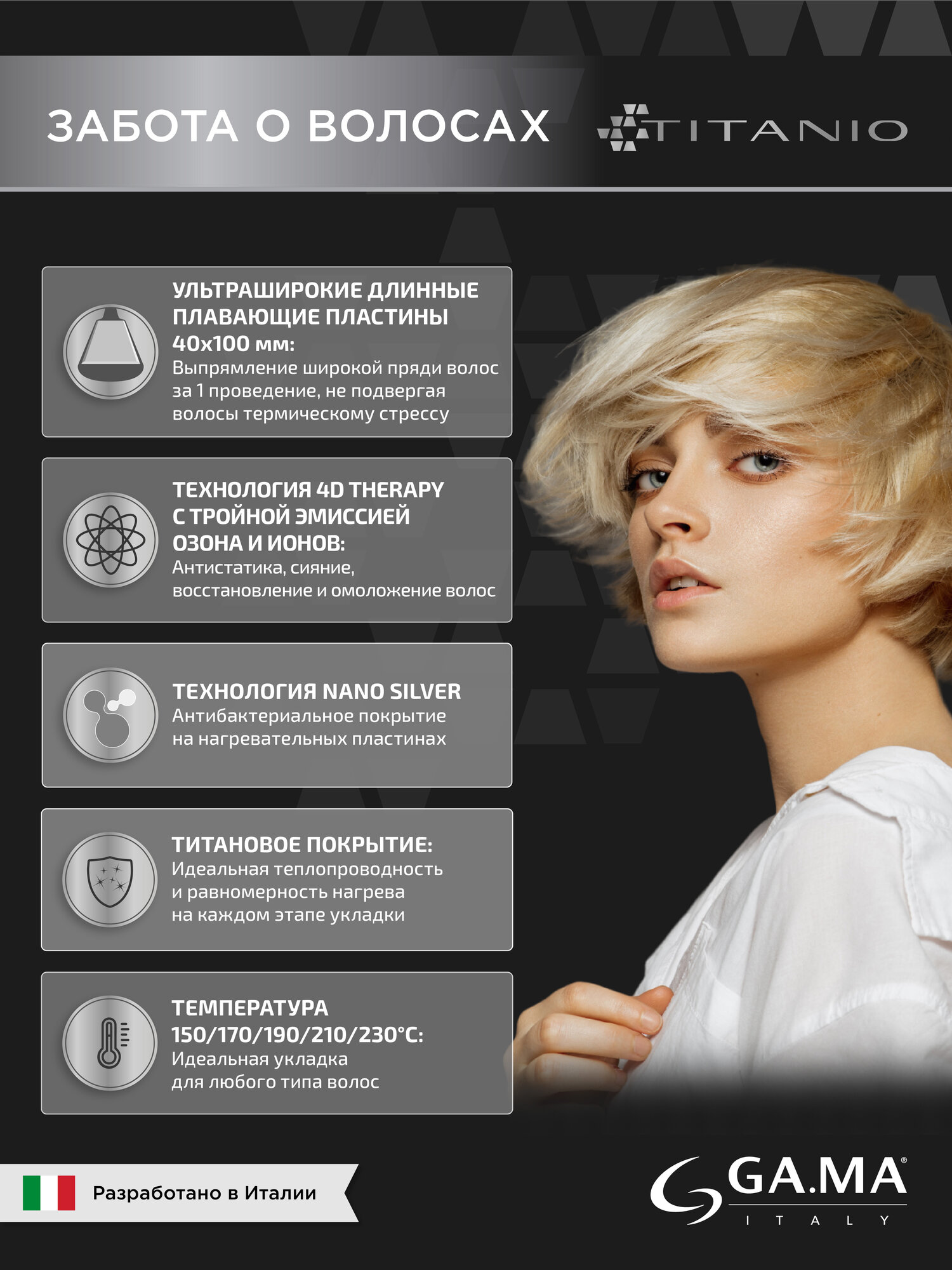 Изображение Щипцы - выпрямитель для волос GA.MA X - WIDE DIGITAL PTC 4D TITANIO широкие пластины. Покрытие титан