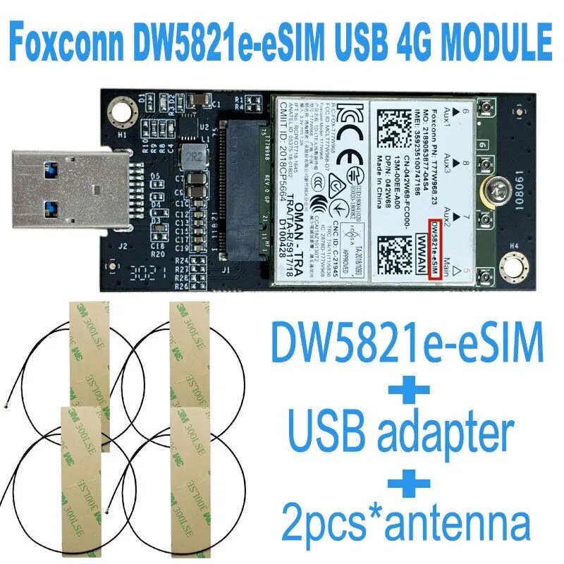 4G, LTE, T77W968, DW5821e, X20, LTE, Cat16, 1 Гбит/с, Φ, 4G модуль для ноутбука Dell 5420, 5424, 7400, T77W968, USB DW5821e e-SIM