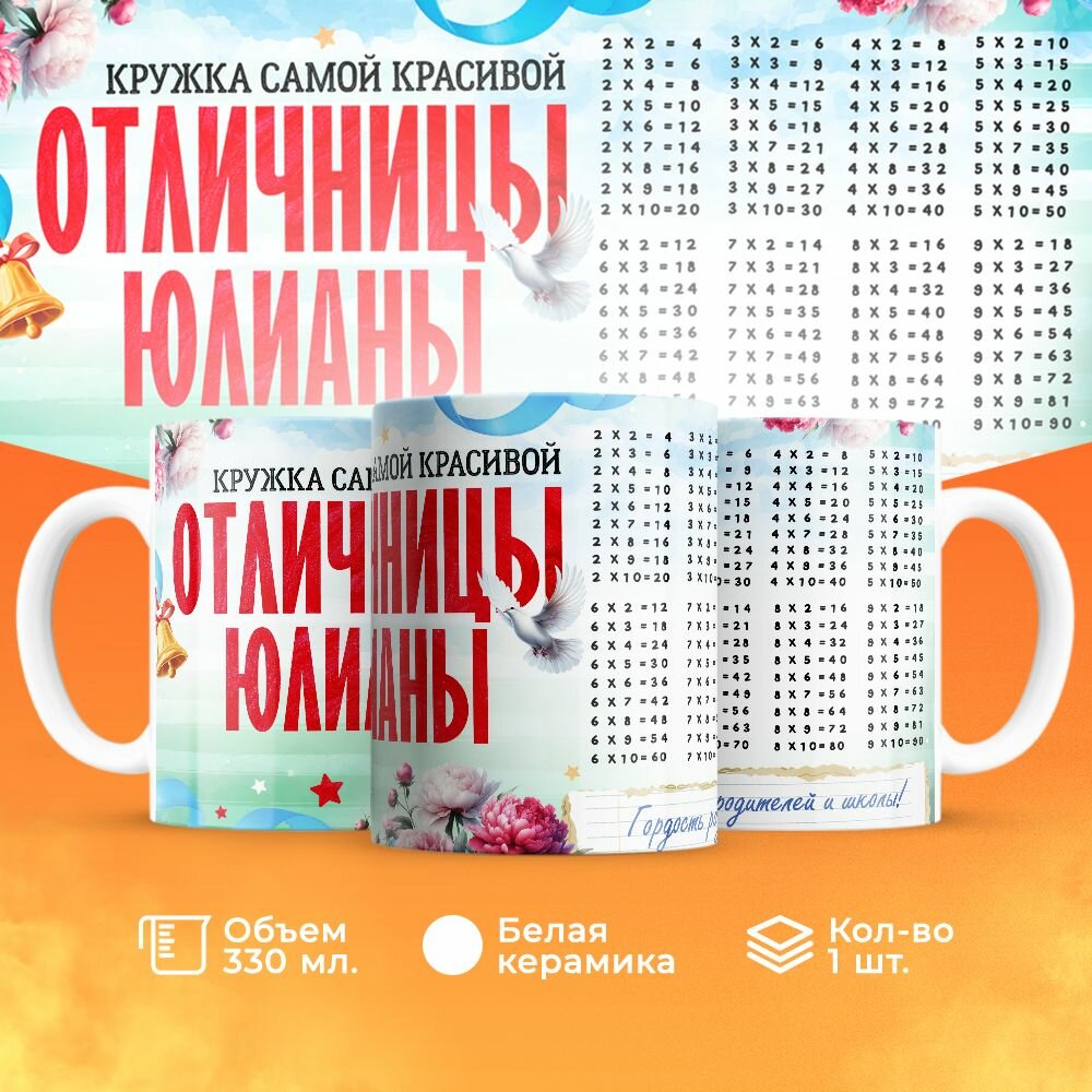 Кружка, "Самой красивой отличницы Юлианы", на день рождения дочки, в подарок для девочки, внучки с таблицей умножения 330 мл