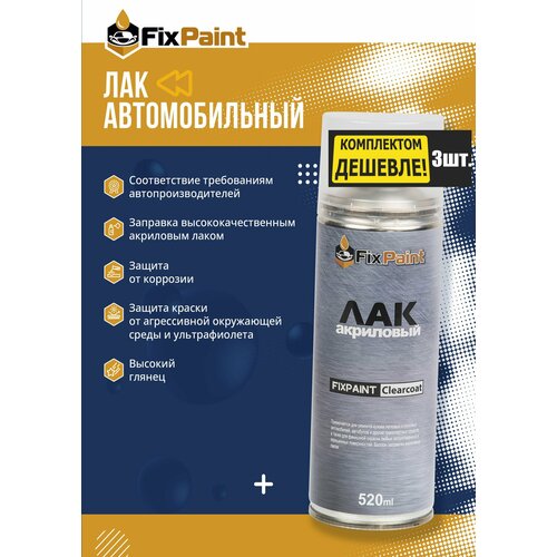 Комплект 3 шт Лак автомобильный прозрачный FixPaint Clearcoat в аэрозольном баллончике 520 мл 3200₽