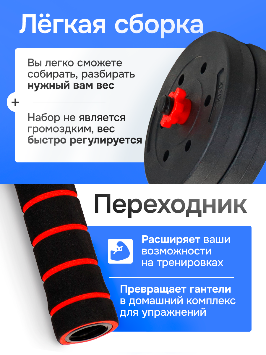 Гантели разборные 2в1 (гантели+штанга) 15 кг. В комплекте 8 дисков. — фото 1