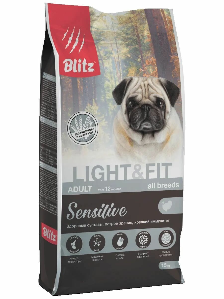 Сухой корм Blitz Adult LIGHT&FIT Sensitive корм для взрослых собак всех пород с лишним весом, с индейкой, 15 кг