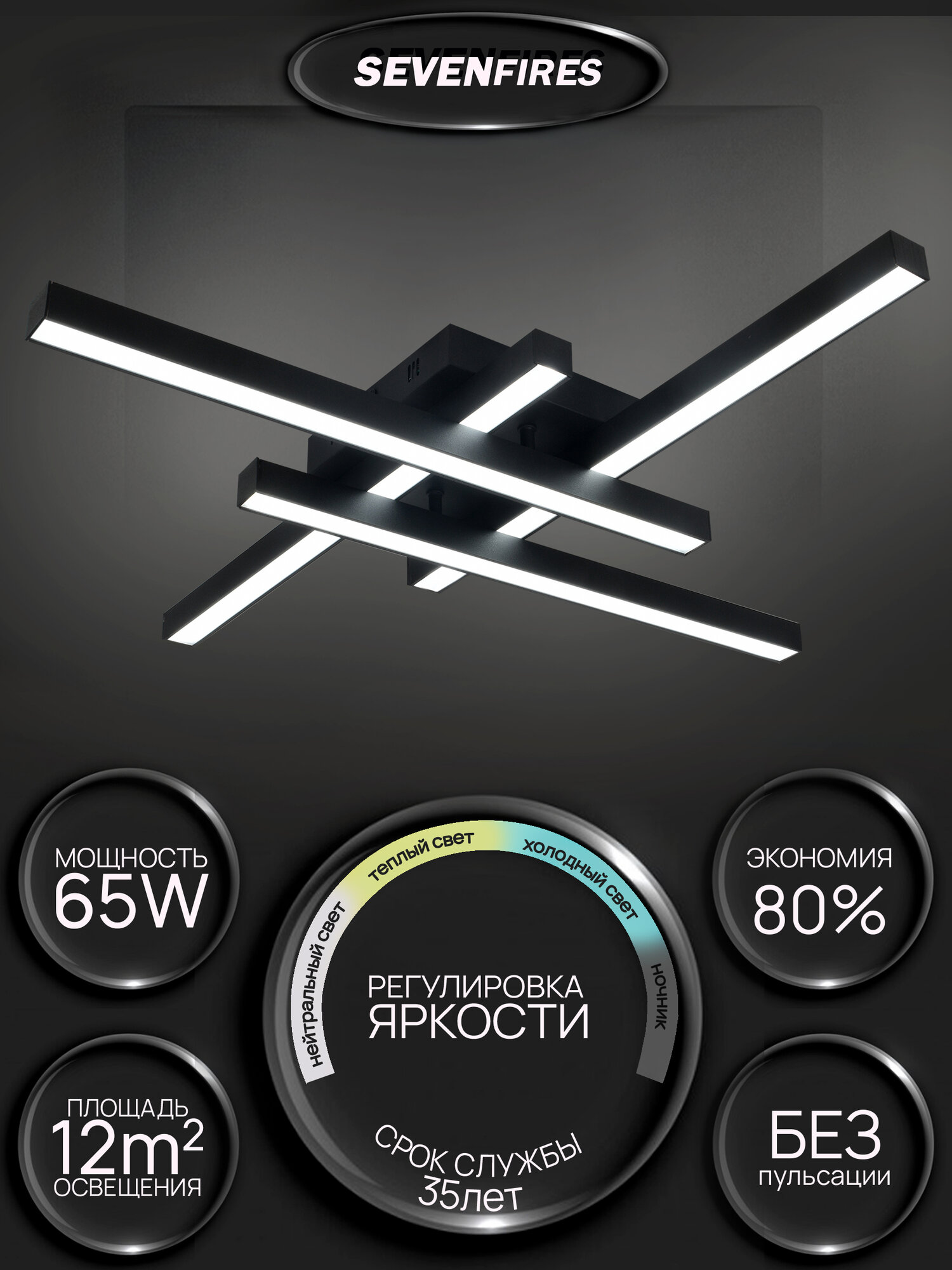 Люстра потолочная светодиодная Семь Огней  черная с пультом  до 12 кв  м 