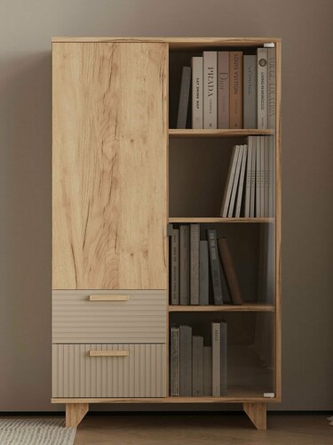 Изображение товара Шкаф-витрина Ньерд с полками, с ящиками, с нажимным механизмом, 80х41х137 см, Дуб Вотан / Ива пепельная / Стекло