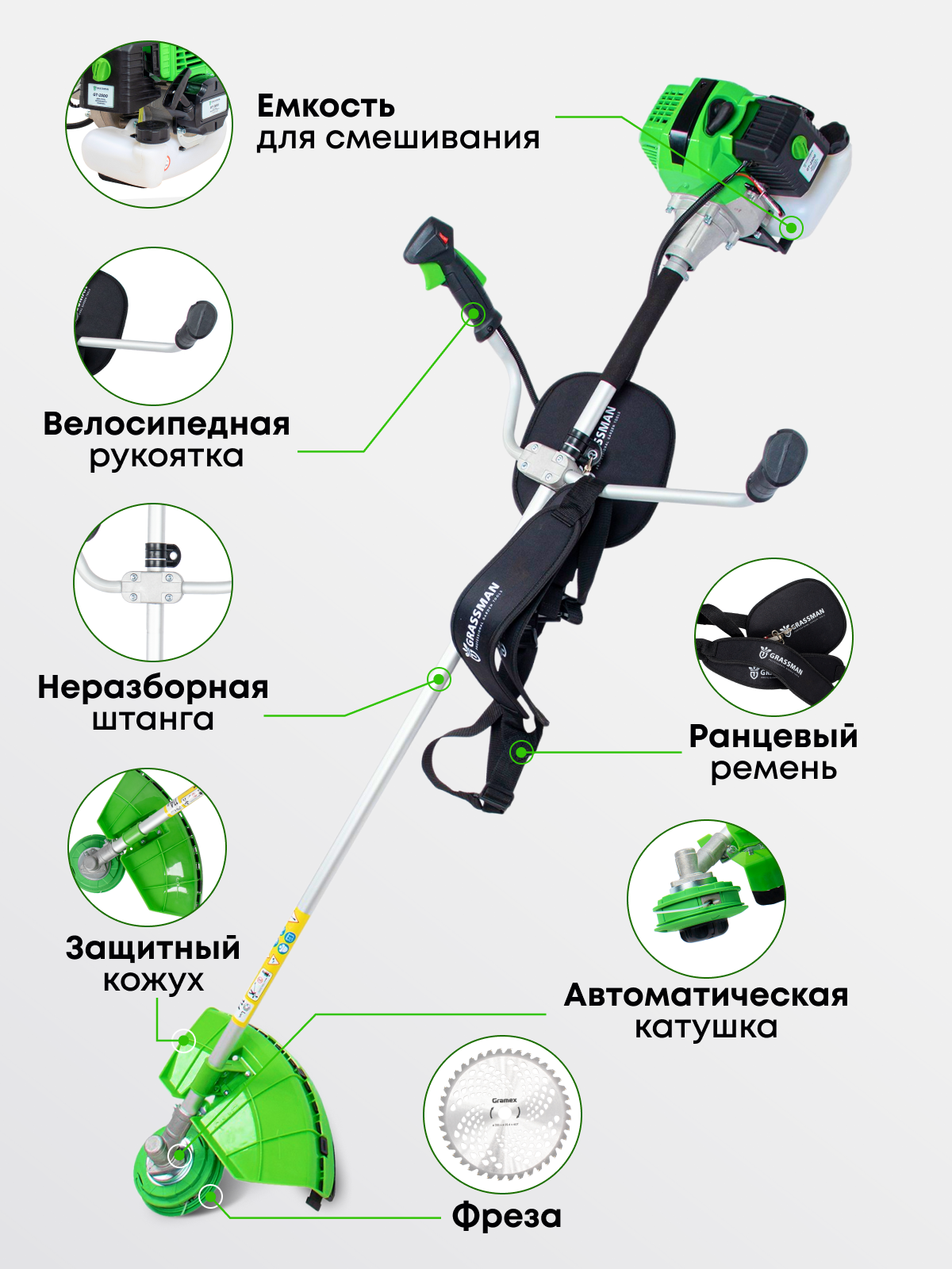 Триммер садовый GT-2500, бензо, для травы, 2,5кВт, 3,4 л. с, бак 1,2 л — фото 1