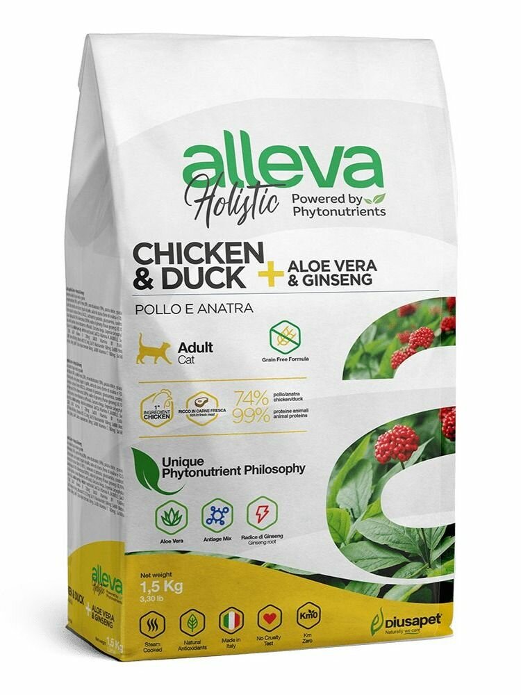 Alleva Holistic Сухой корм для взрослых кошек с курицей и уткой, алое вера и женьшенем 1,5кг