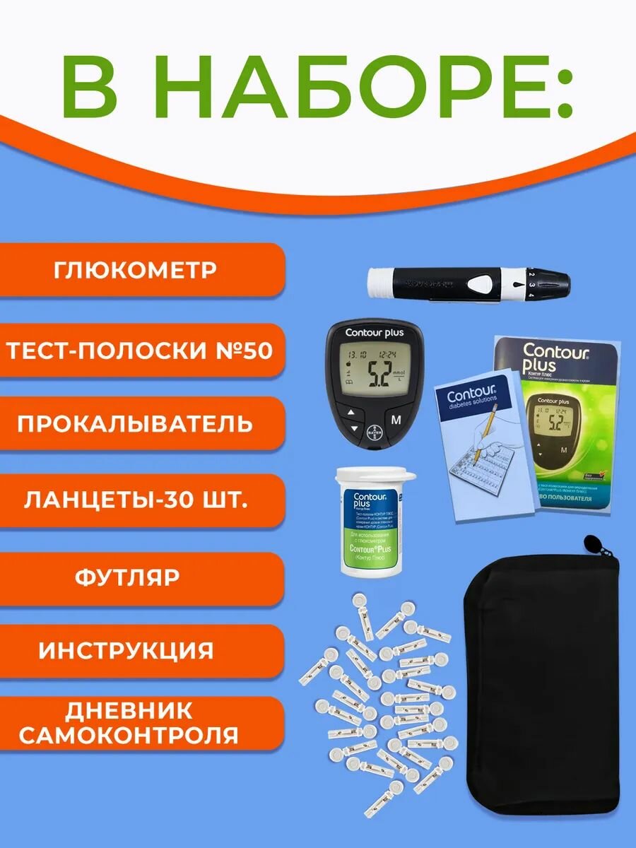 Картинки Глюкометр Контур Плюс с прокалывателем + тест-полоски №50 + ланцеты №25